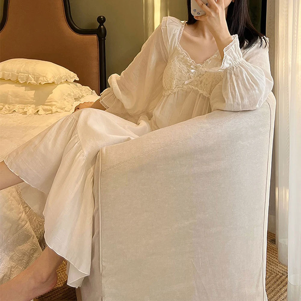 Women Princess Beautiful Nightdress Double Layers Cotton Gauze Long Sleeve With Breast Cushion Sweet Nightgown Robe Dress Lounge