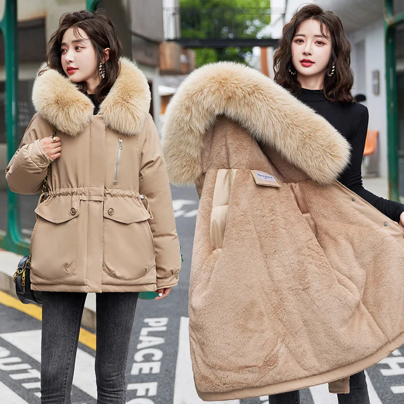 Ins Large Fur Collar Long Parker Clothing Female 2022 Winter New Korean Slim Plush Lining Down Cotton-Padded Jacket