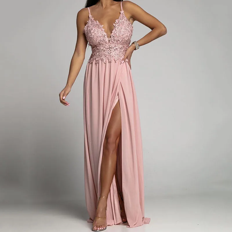 Sexy Spaghetti Straps Evening Dresses New Arrival V-Neck Rhinestones Beading Formal Prom Gowns With Slit Robe De Soiree