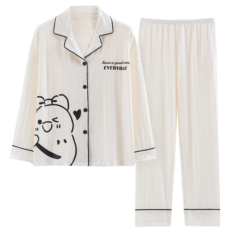 

Plus Size Women's Pajamas Set Cartoon Print Contrast Piping Button Front Long Pants Leisure Homewear Outside Lougewear for Lady