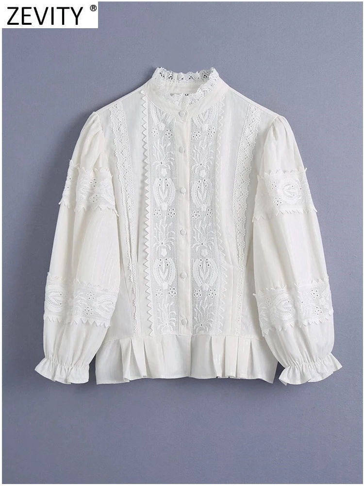 

Zevity Women Fashion Stand Collar Lace Crochet Patchwork Hem Ruffles Blouse Office Lady Embroidery Shirt Chic Blusa Tops LS10068