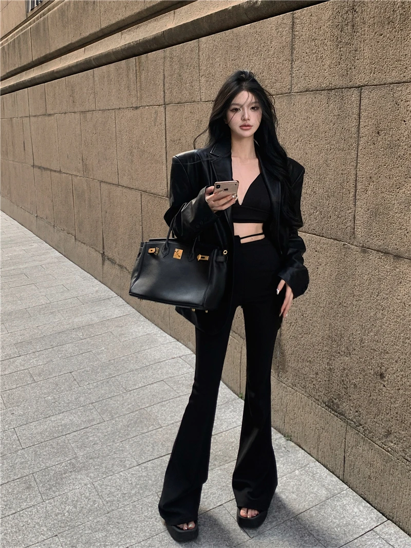 PU Leather Suit Jacket Women's Autumn 2022 Motorcycle Jacket Leather Lapel Short Top Elegant Office Lady Black Leather Suit