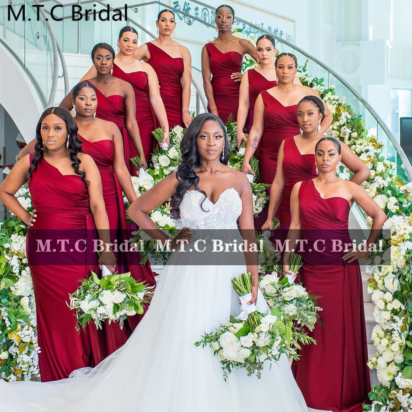 

Длинные Бордовые Платья Подружки невесты с юбкой-годе, с одним плечом, корсет, оптовая продажа, свадебные аксессуары