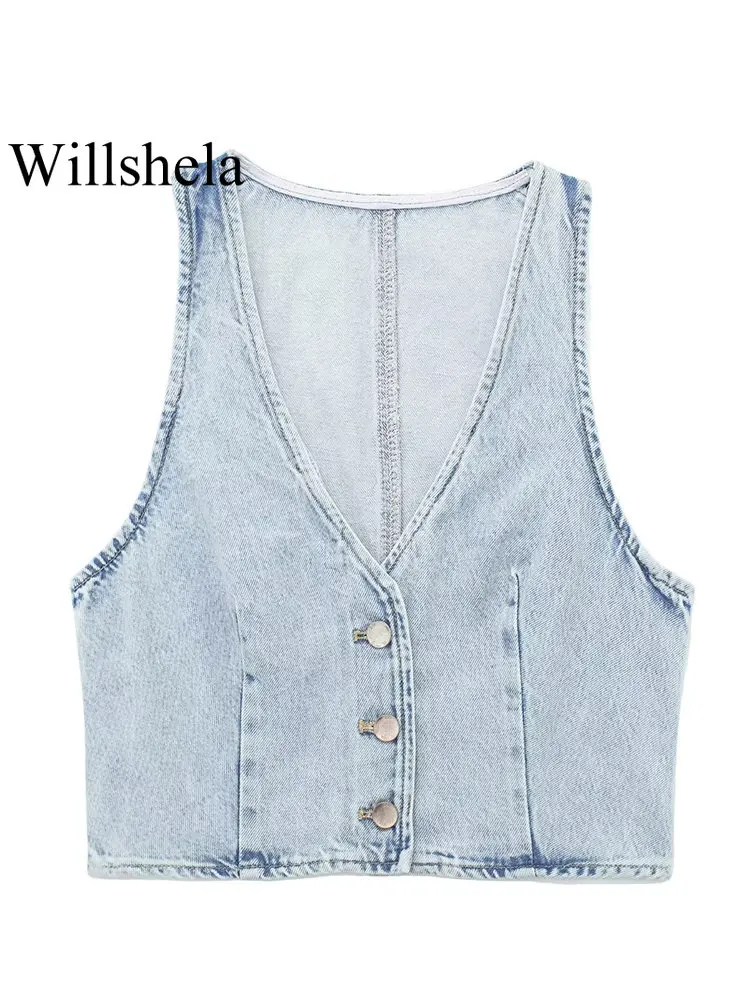 

Willshela женский модный джинсовый светильник синий однобортный жилет винтажный v-образный вырез без рукавов женский шикарный женский топ на бр...