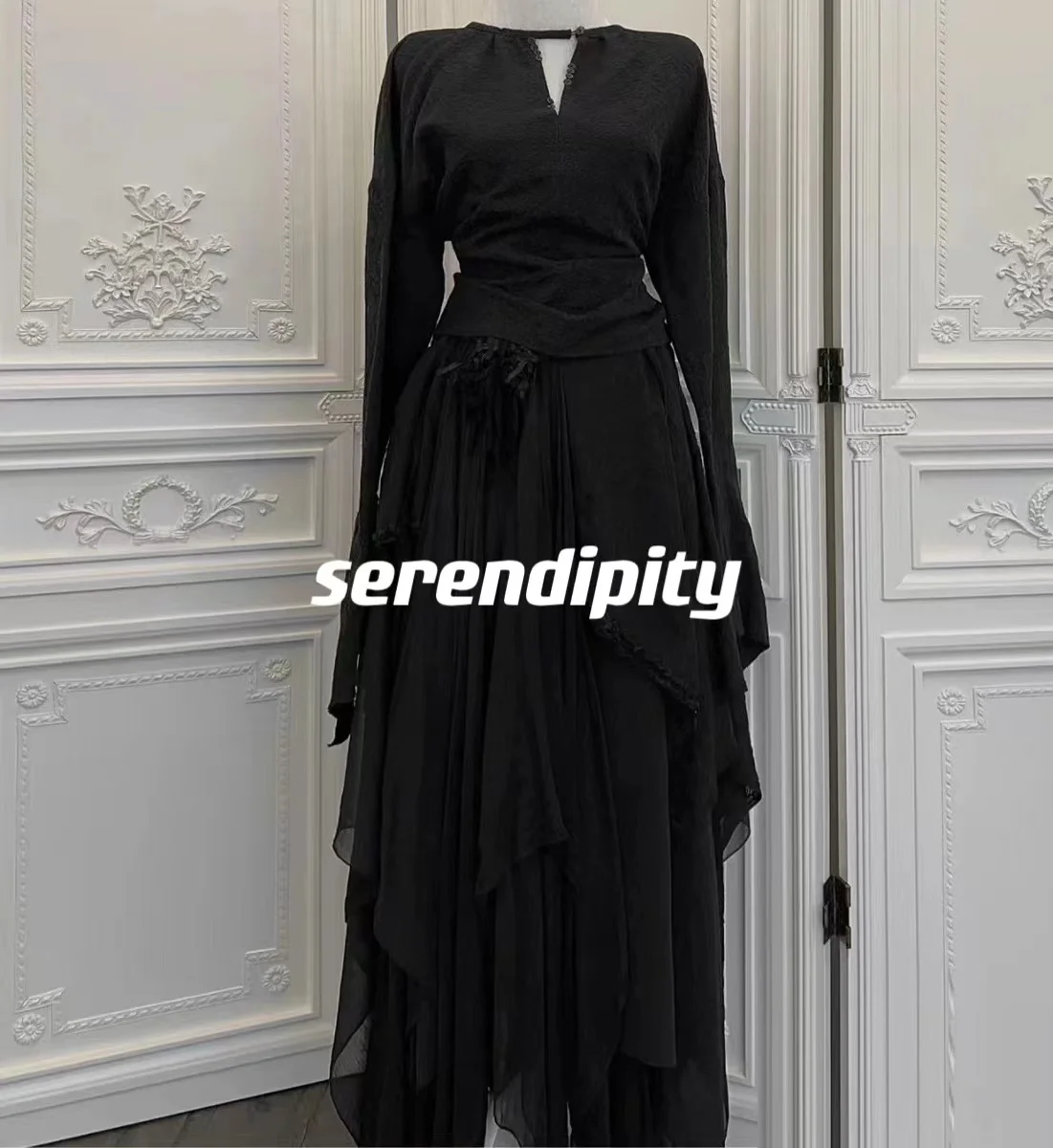 

Serendipity Ball-Gown Scoop Neckline Floor-length Ruffle Ribbon Zipper Up Cap Straps Long Sleeves Prom DressesHand-made flowers