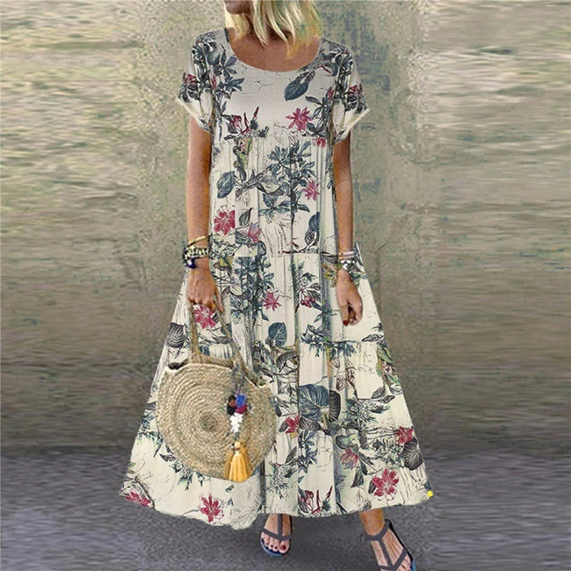 

Женское длинное платье с цветочным принтом, летнее элегантное пляжное платье макси из хлопка и льна с оборками в стиле бохо, повседневное праздничное платье с круглым вырезом