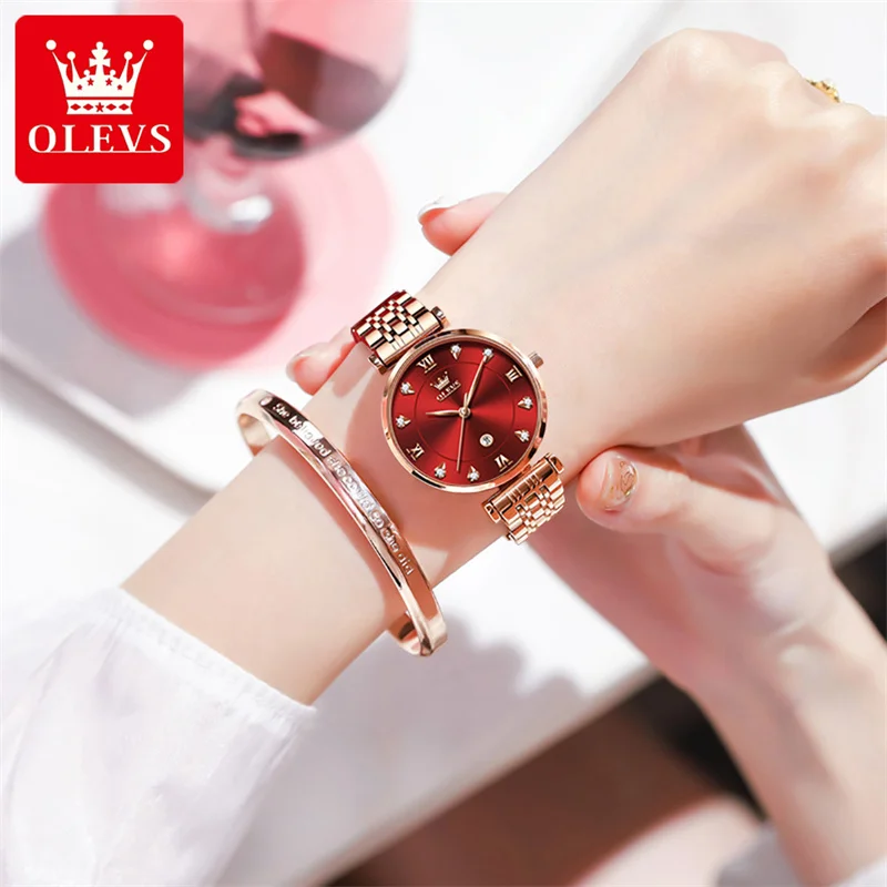 2023 OLEVS Luxury Fashion Rose Gold Diamond Women Watches Wine Red Female Quartz Wrist Watch Ladies Reloj Mujer Relogio enlarge