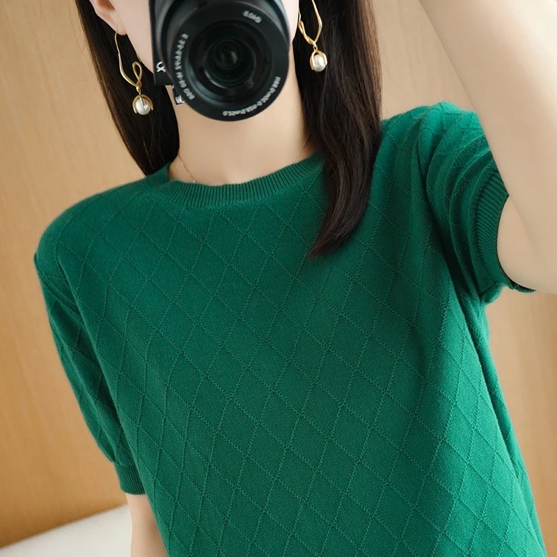 

Summer Women's T-Shirt Pullover Round Neck Short Sleeve Women's Knit Casual Cutout Thin 100% Cotton T-Shirt Clothing Tops