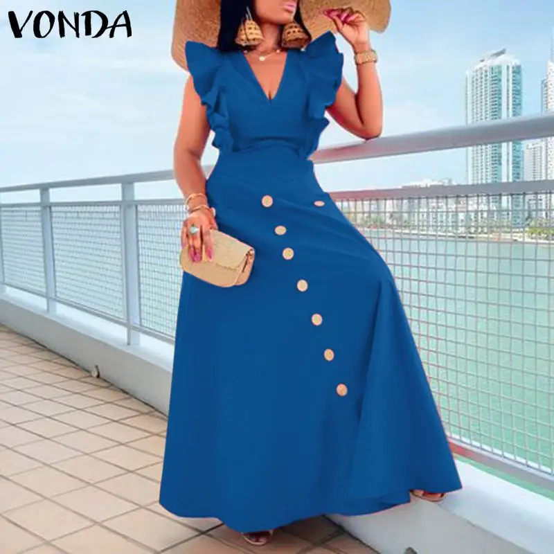 

Maxi Dress VONDA 2022 Women Lace Solid Party Dresses Pleated Button Up Vestido Sexy V Neck Sleeveless A-Lined Robes Longue
