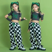 kid hip hop clothing one shoulder crop top halter t shirt checkered streetwear casual pants for girl boy dance costume clothes