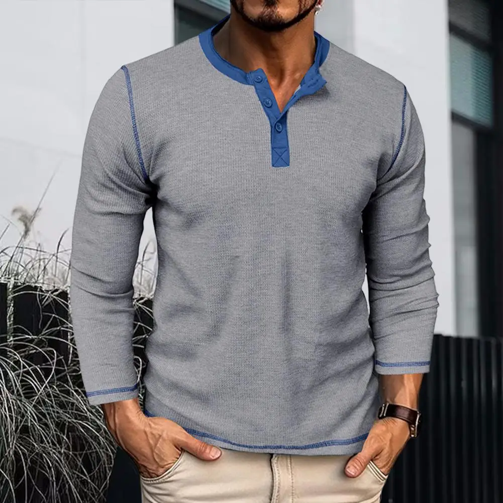 

Men Fall Top Henley Neck Button Long Sleeve Slim Fit Knitted Pullover Soft Breathable Sweat Absorption Men Daily Shirt