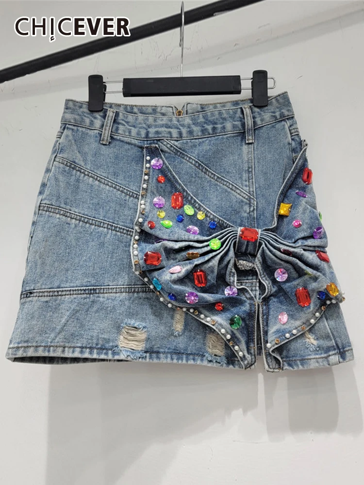 

CHICEVER Patchwork Bow Denim Skirts For Women High Waist Folds Spliced Diamonds Hit Color Bodycon Mini Skirt Female Summer New