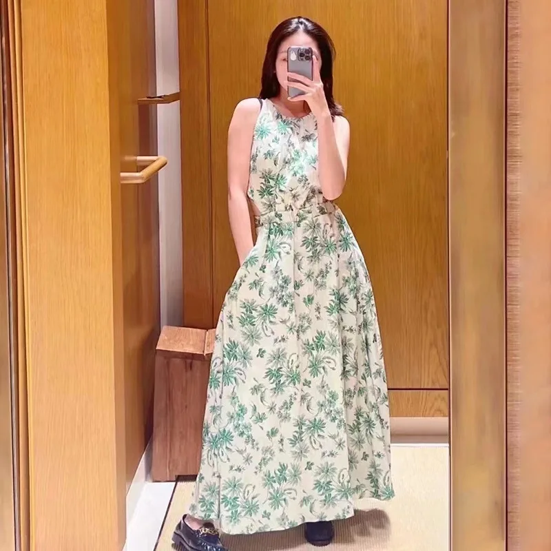 

Women Floral Print Lace Up Elastic Waist O-Neck Sleeveless Holiday 2023 Summer Midi Dress