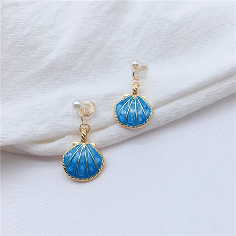 GRACE JUN Gold Color Blue Shell Pearl Clip on Earring No Pierced for Women Party Fashion Temperament Mosquito Coil Cuff Ear Clip