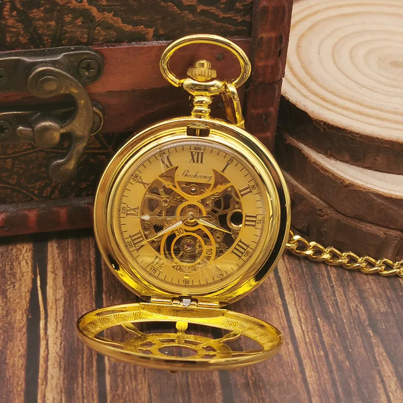 Gold Vintage Rudder Round Wheel Mechanical Pocket Watch Roman Numerals Display Men's Women's Belt Chain Pendant Gift