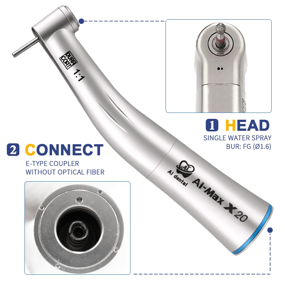 

AI-X20 Contra Angle Low Speed Handpiece For FG Burs Single Spray 1:1 Direct Drive Dental Hand Piece E-Type Connector Equipment