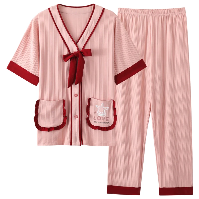 New Summer Autumn Women's Full Cotton Short Sleeve Pajamas Set Loose Leisure Adult Women Sleepwear Set Long Pant Party Pajamas