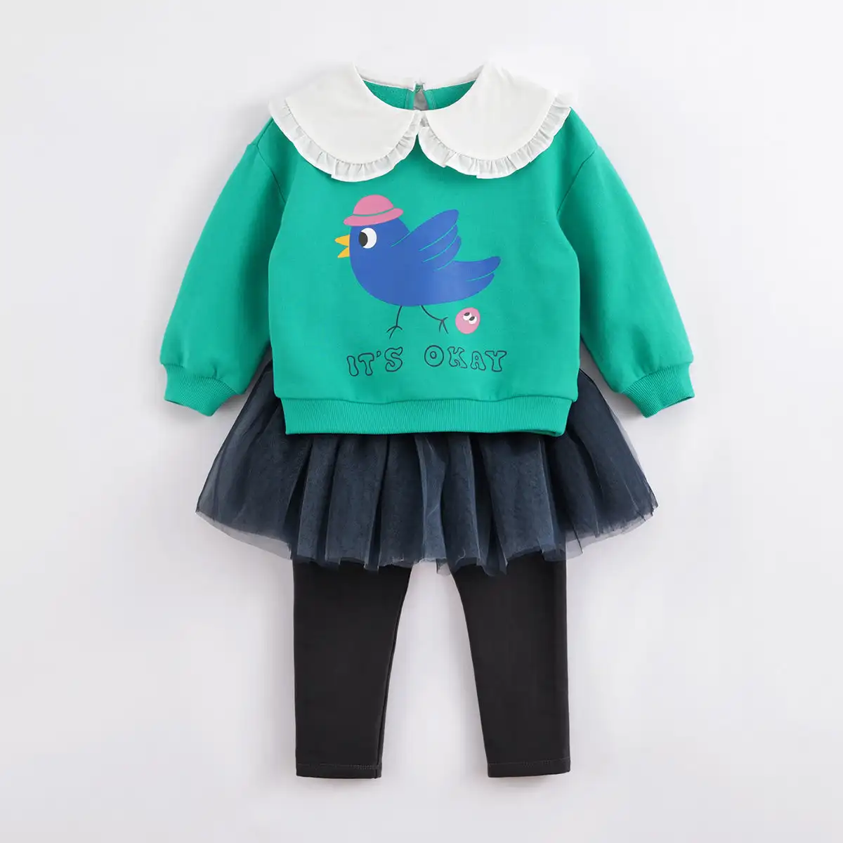 

marcjanie 221131 Spring Autumn Girls' Printed Lapel Mesh Skirt Suit Fashion Cute Party Birthday Long Sleeve Suit