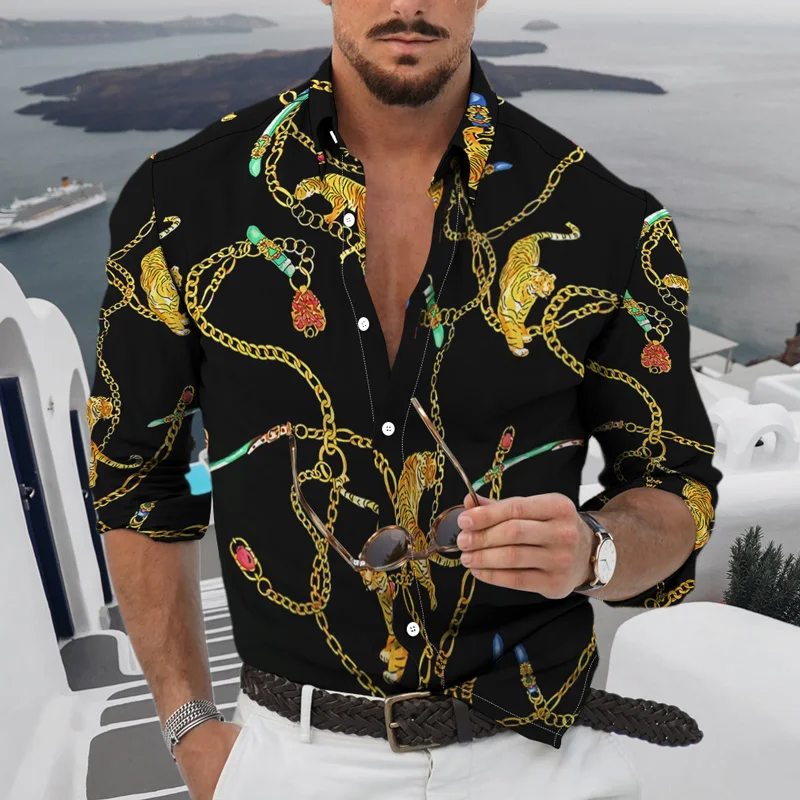 Men's 2022 Retro European American Business Clothing Casual Fashion Printed Shirt Single-Breasted Cardigan Long Sleeve Shirt