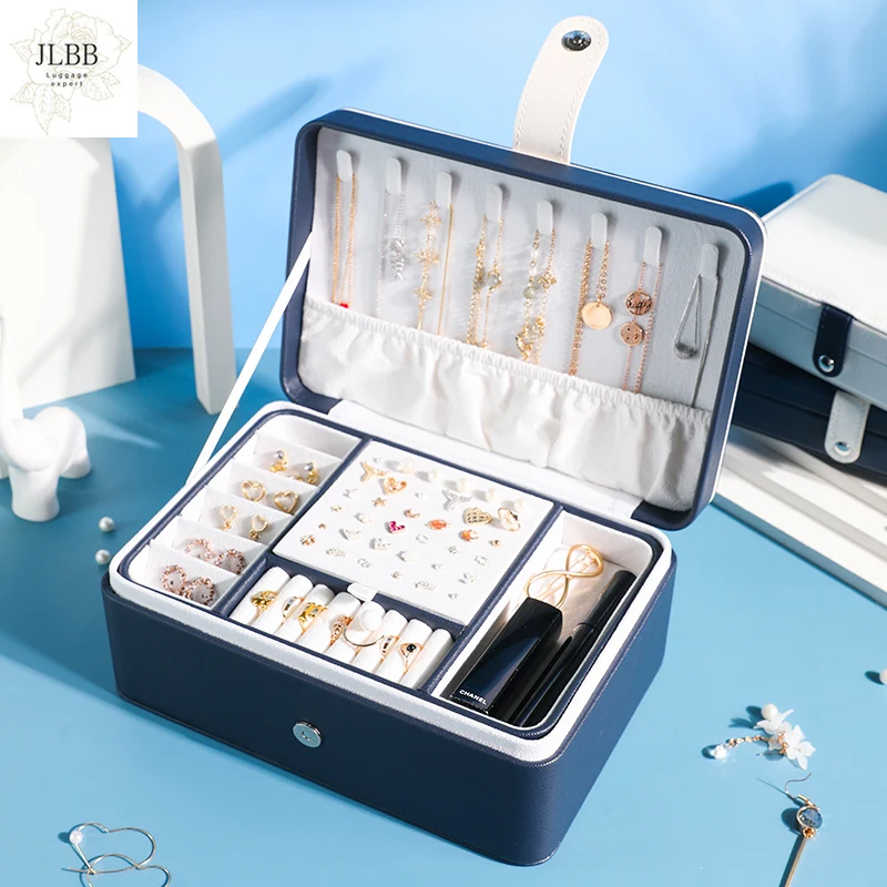 

New Double Large Capacity Jewelry Box PU Leather Waterproof Necklace Bracelet Ear Studs Organizer Case Travel With Lock Gift Box