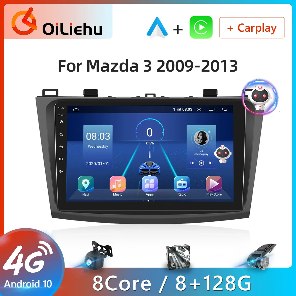 OiLiehu-Radio Multimedia con GPS para coche, reproductor con Android 10, 2 din, 4G, Carplay, navegación, para Mazda 3, 2009-2013, estéreo, Wifi