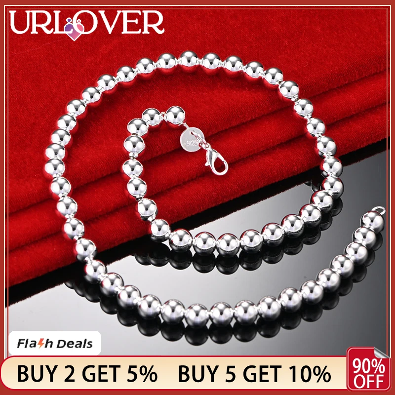

URLOVER 925 Stamp Silver Color 45cm 8mm Round Bead Pendant Chain Necklace For Women Party Birthday Wedding Banquet Charm Jewelry