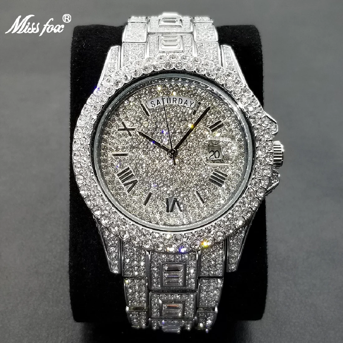 

MISSFOX Ice Out Day Date Men Watch Luxury Diamond Silver Clock Hip Hop Stainless Steel Dual Calendar Waterproof Watches 2021 New