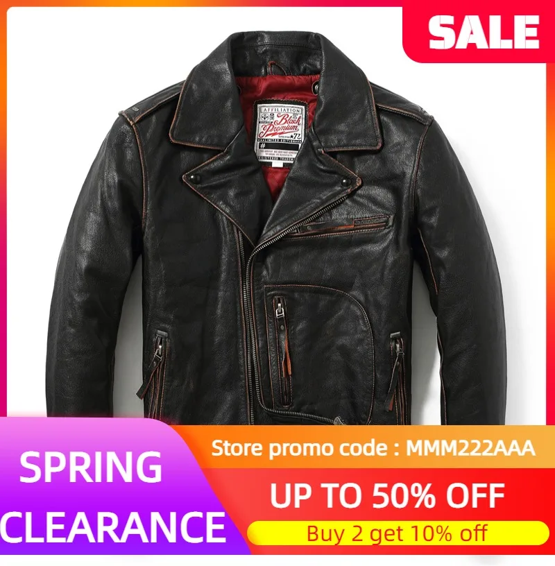 

2022 Vintage Black Genuine Leather Jacket Men Biker Style Plus Size 6XL Real Natural Thick Cowhide Winter Warm Motorcycle Coat