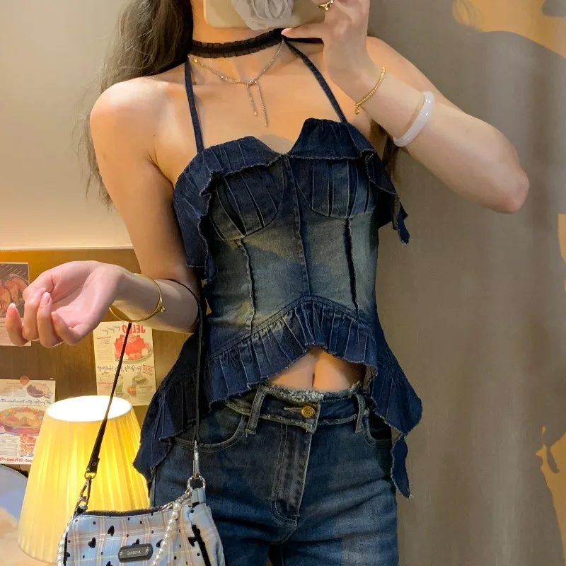 

Halter Camis Summer Sexy High Street Y2k Denim Tanks Edible Tree Fungus American Retro Short Women Crop Tops Off Shoulder Tank