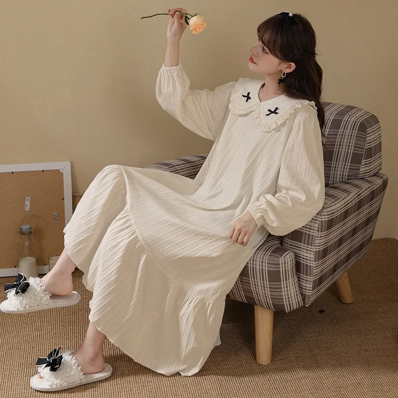 Autumn Casual Sweet Nightgown For Women Elastic Sweet Princess Nightdress Women's Cotton Bow Neck Full Sleeve Plaid Nightwear