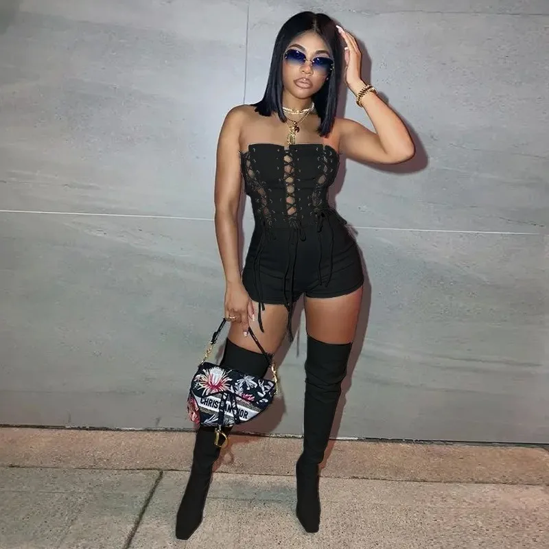 

Spring Summer Sexy Party Clubwear Bodycon One Piece Overalls 2023 New Women Lace Up Strapless High Waist Romper Playsuit