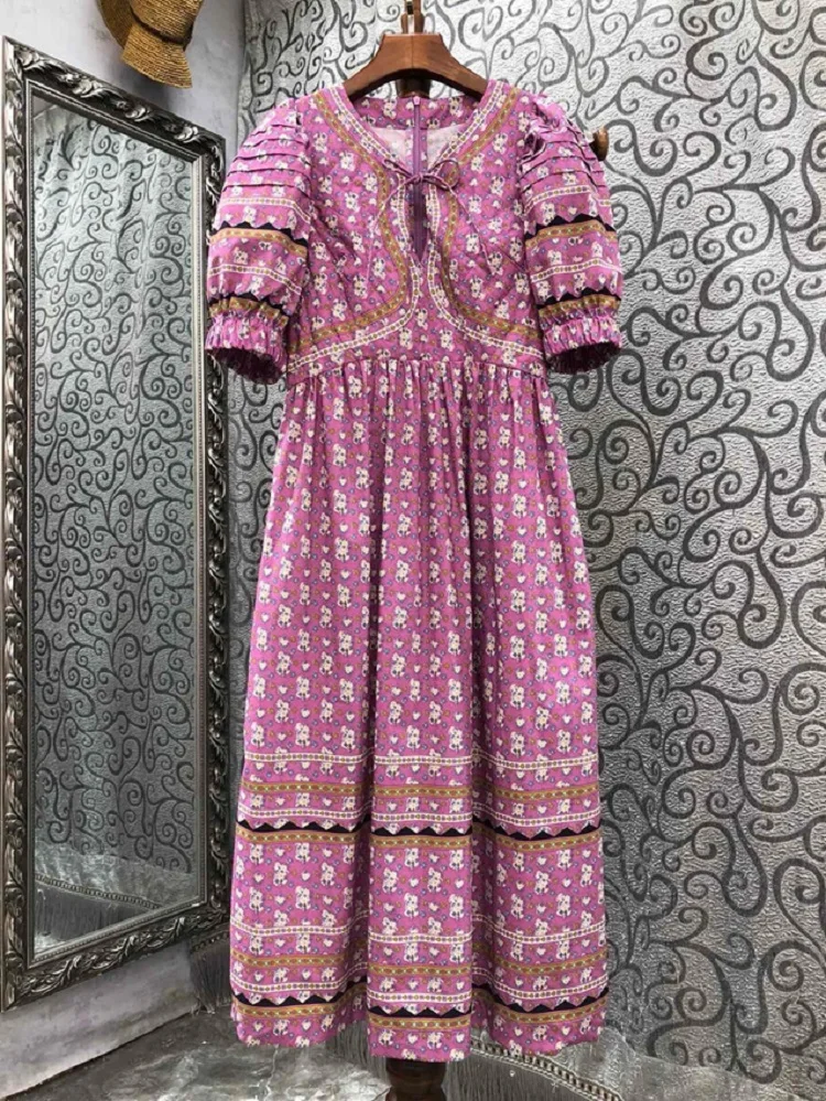

100%Cotton Dress 2023 Summer Style Women Vintage Prints Bow Deco Short Sleeve Mid-Calf Length Casual Party Purple Dress Gorgeous