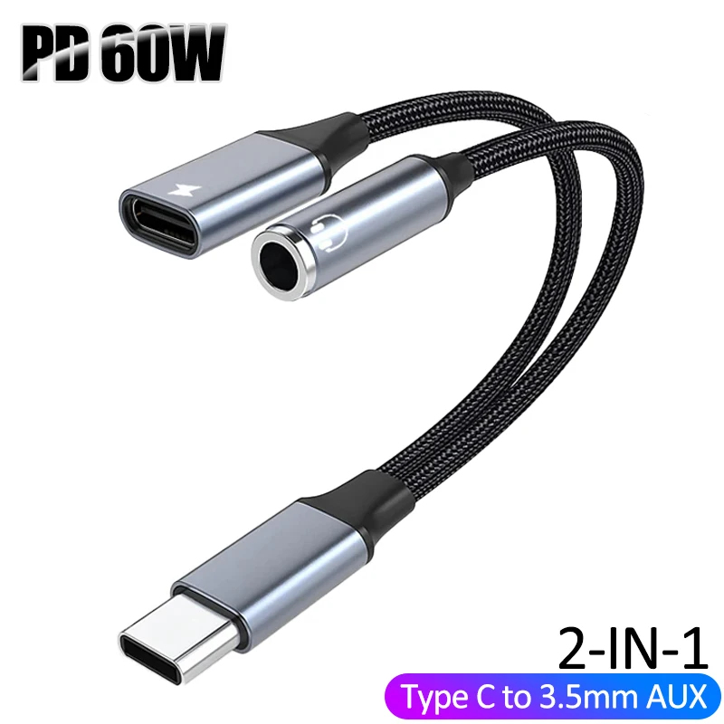 Фото OTG 2 в 1 Тип USB C на разъем 3,5 мм AUX Аудио адаптер для наушников Быстрое зарядное устройство 60 Вт для Samsung iPhone 15 Huawei Xiaomi Tablet iPad №1