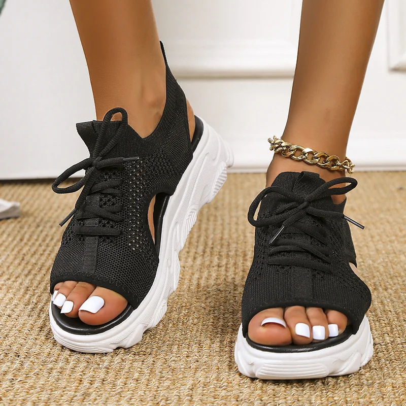 

2023 Summer Women Sandals Mesh Casual Shoes White Thick-Soled Lace-Up Sandalias Open Toe Beach Shoes for Women New Zapatos Mujer