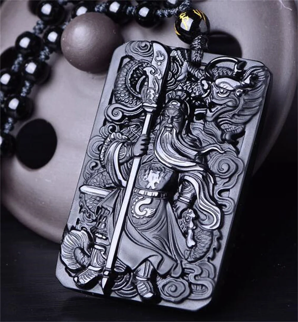 Китайская ручная работа, натуральный черный обсидиан, резной меч, GuanGong, удачный амулет, кулон + бусины, ожерелье, винтажная бижутерия, подарок