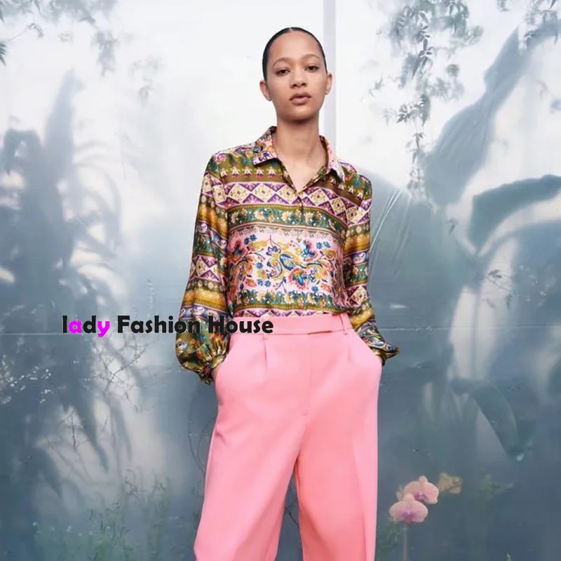 

2022 роскошный дизайн ретро темпераментная уличная шелковая атласная Текстурированная рубашка с принтом Спайс для девушек американский жен...