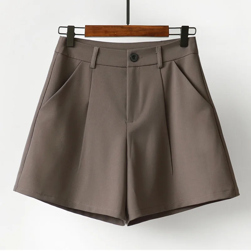 Summer Women Black Suit Shorts Casual Loose Wide Leg Brown Thin Straight Office Ladies Cropped Shorts Pure Color Shorts Pants