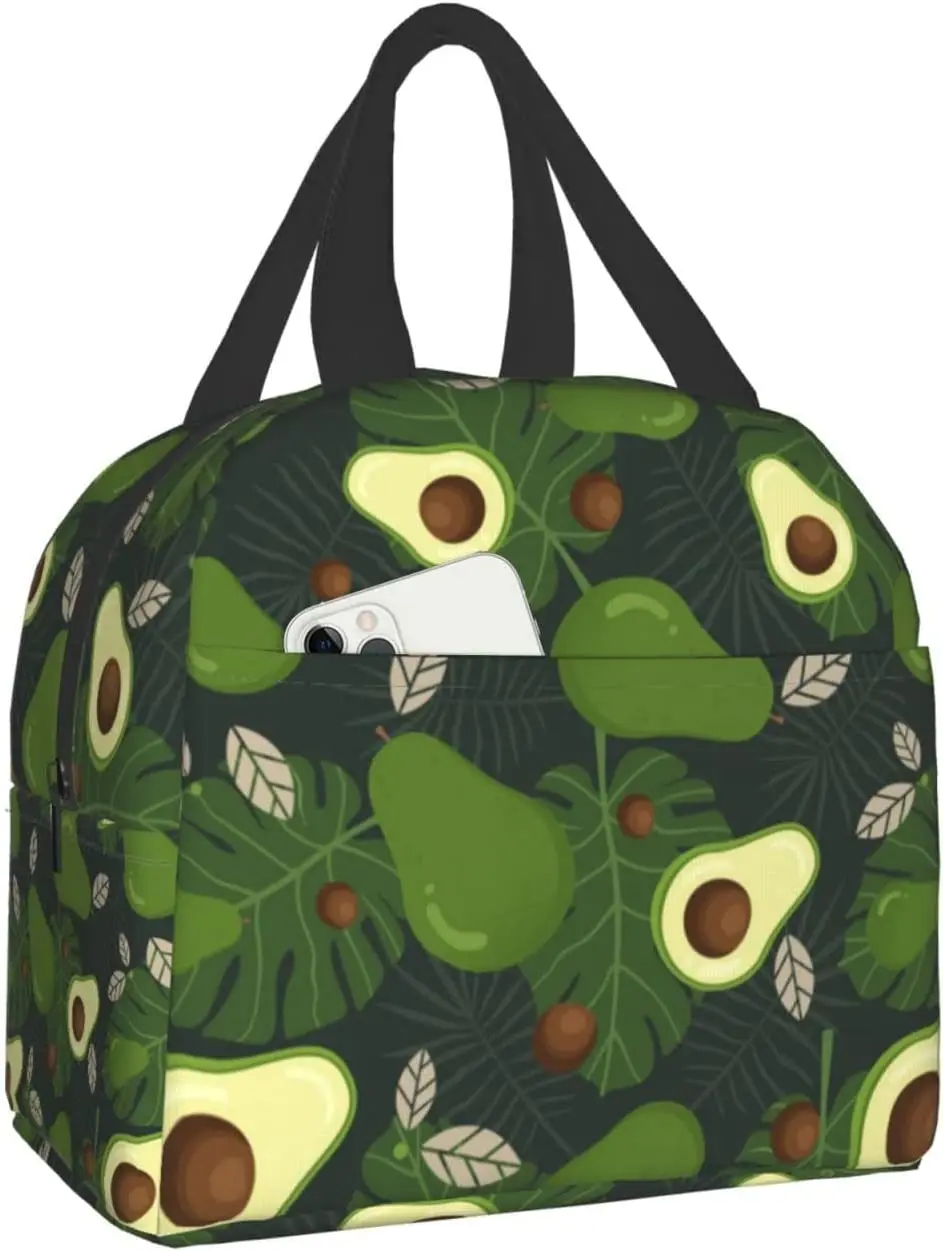 

Avocado Pattern With Tropical Leaves Lunch Box Bento Travel Bag Picnic Tote Boxes Insulated Durable Bag Reusable Waterproof Bags