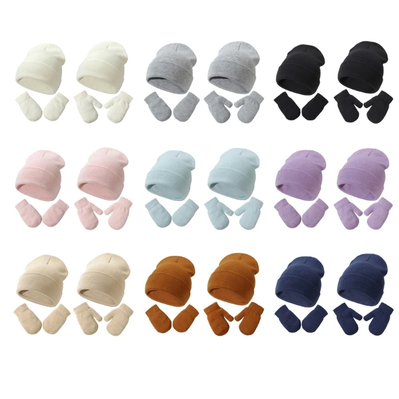 

N80C Baby Supplies Winter Hat Gloves Solid Color Warm Crochet Knitted Hat Gloves