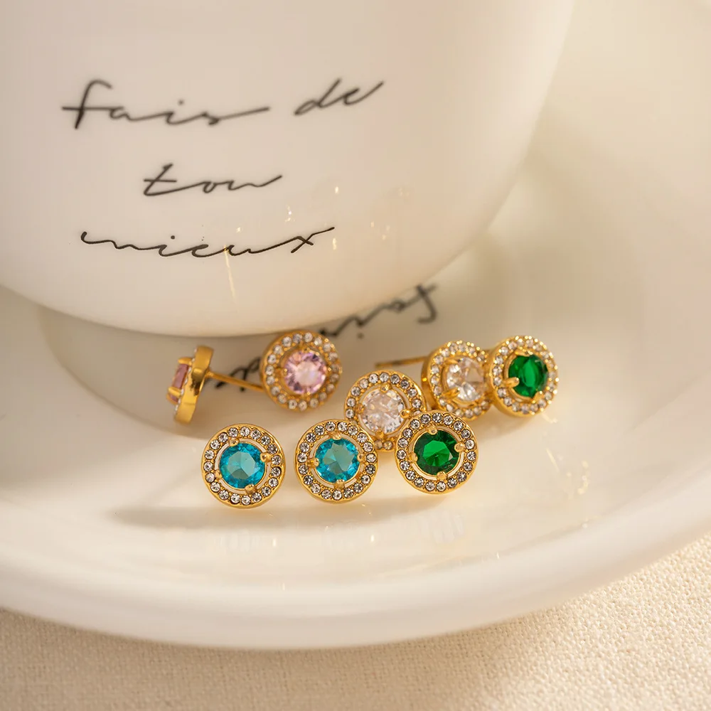 

316L Stainless Steel French Colored Round Zircon Earrings For Women Girl New Trend Waterproof Jewelry Gift Party