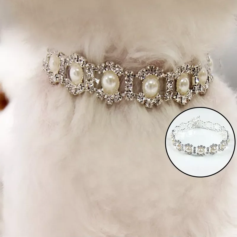 

New in Rhinestone Pearl Necklace Cute Dog Collar Alloy Diamond Puppy Pet Collars Leashes For Small Dogs Accessories christmas de