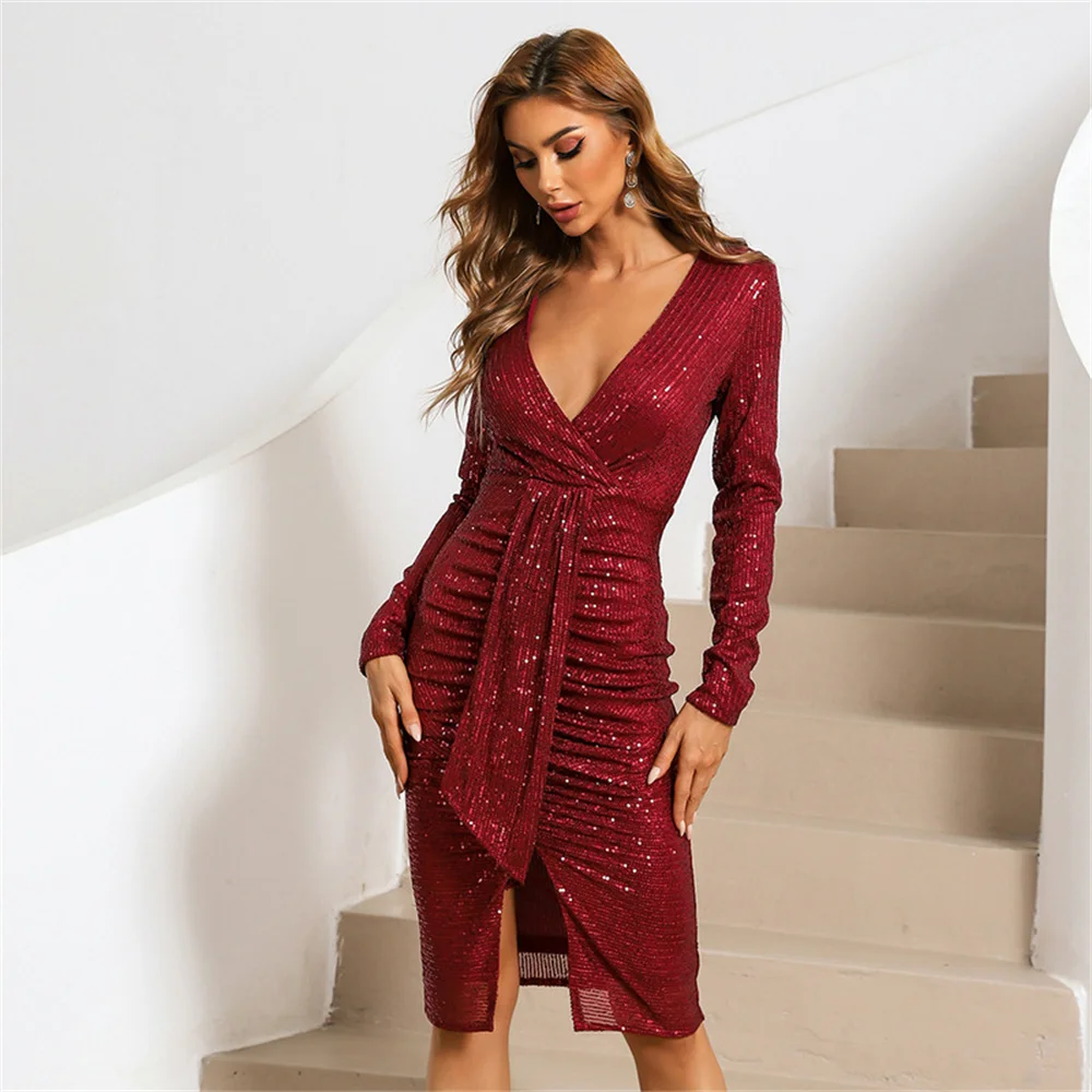 Sexy V-Neck Wedding Party Dress Long-Sleeve Dresses Sequin Wrap Dresses Red Pleated Ball Gown for Prom Cocktail Party