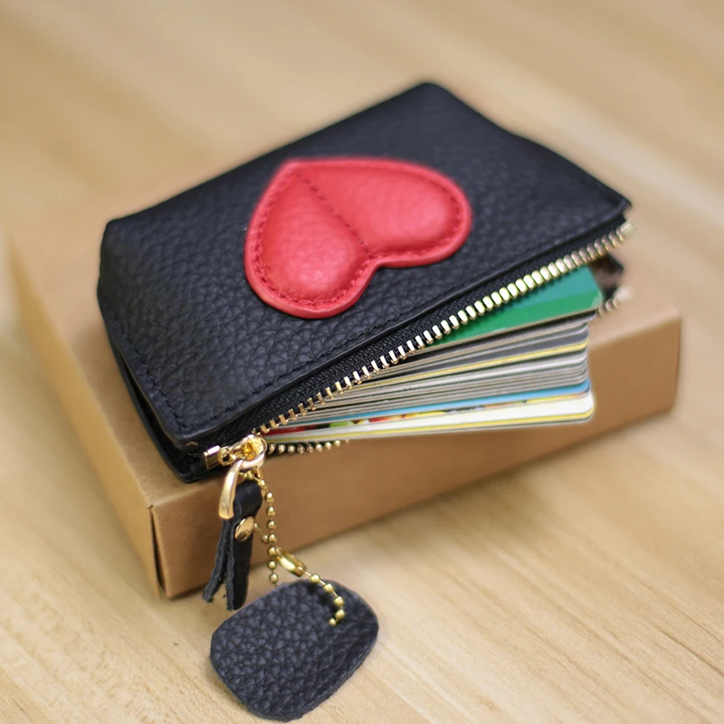 Ladies Wallet Luxury Design Card Holder Soft Solid Mini Coin Purse Genuine Leather 2023 Summer New Heart Zip Card Holder Small