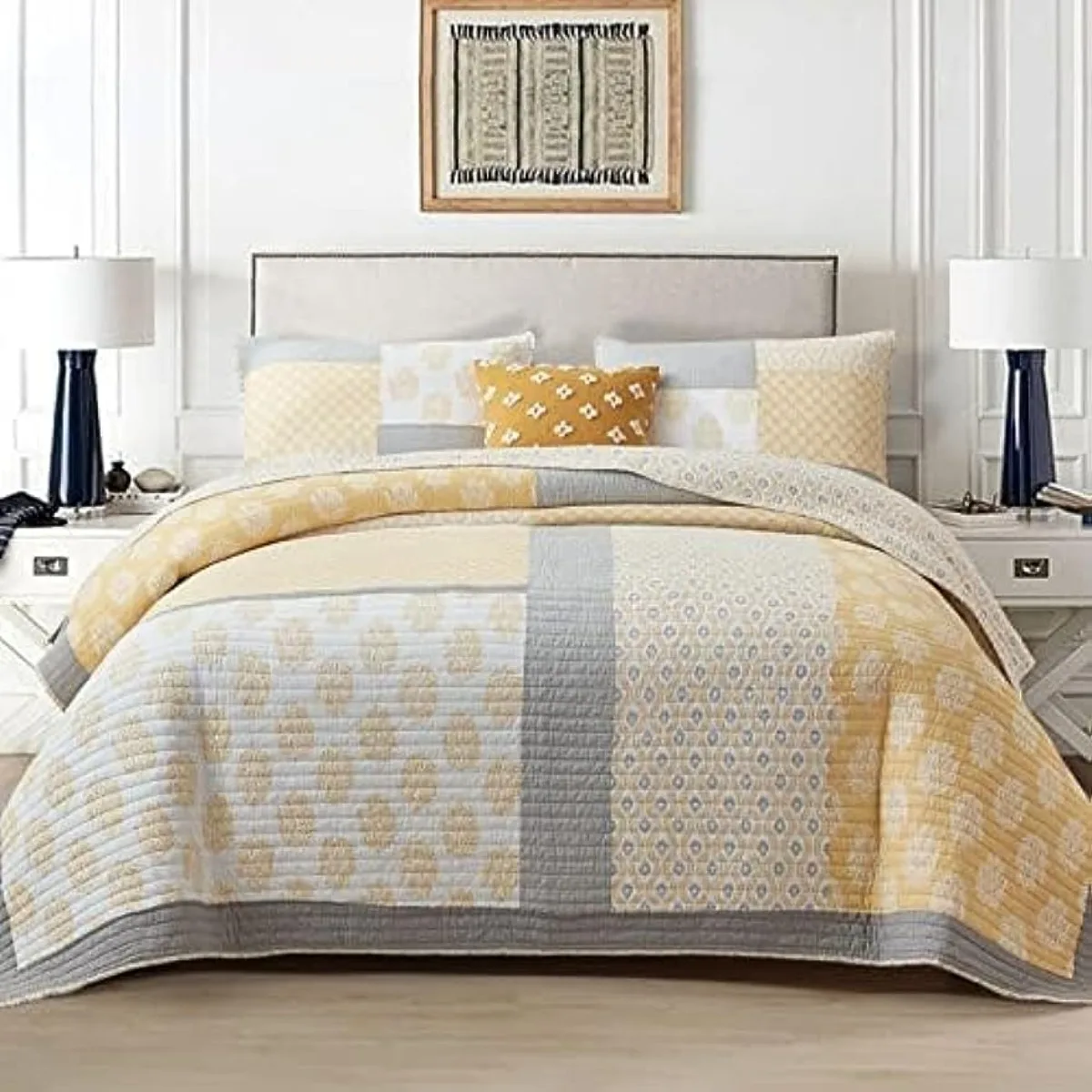 

100% Cotton Lightweight King Quilt Set,Yellow Grey White Lightweight Reversible Soft Queen Quilt Bedding Set All Season,3 Pieces