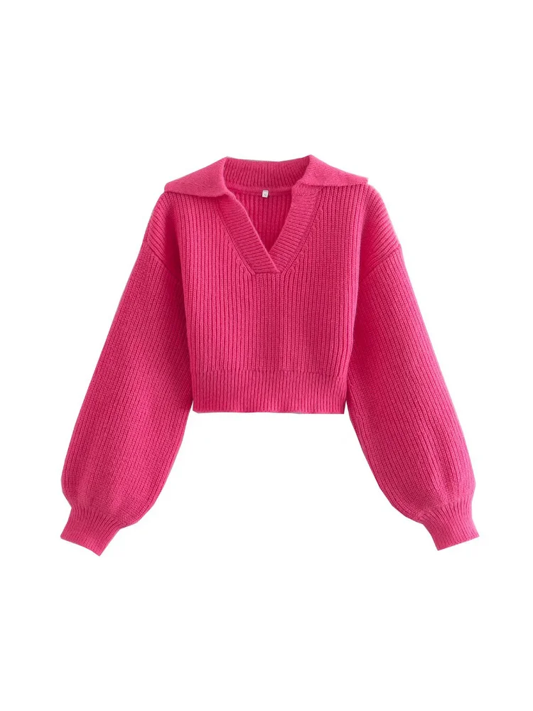 

Fashion Woman Blouse 2023 Women Fashion Cropped Knit Sweater Vintage Lapel Collar Long Sleeve Female Pullovers Chic Tops