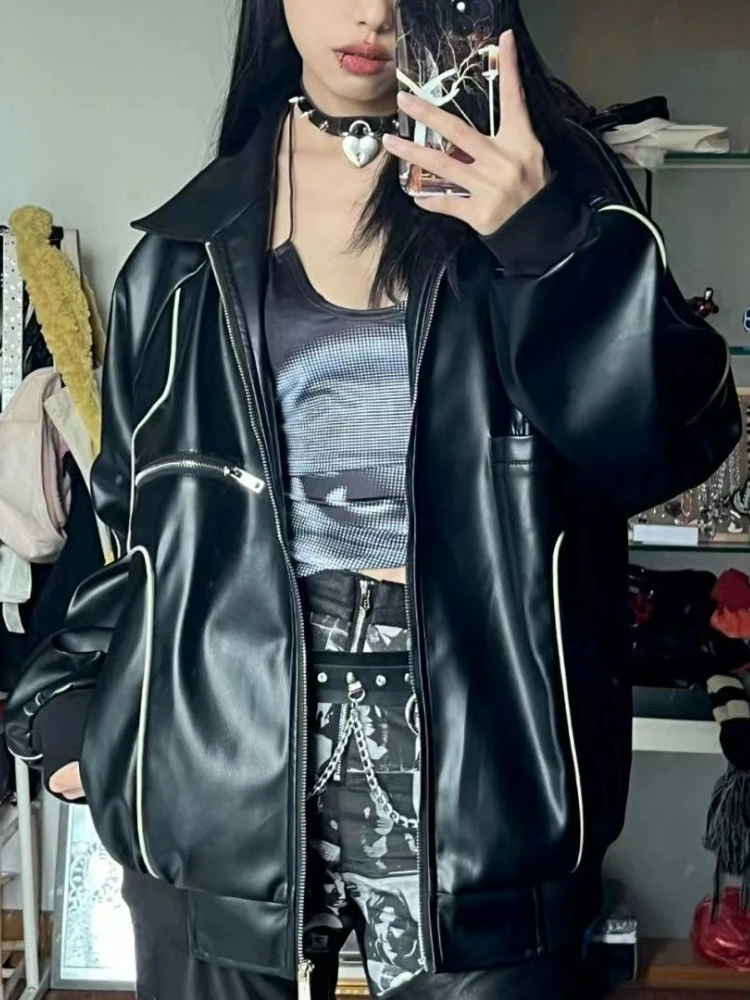 

Осенняя черная Корейская кожаная куртка на молнии, женская модная тонкая свободная байкерская куртка, женская летняя верхняя одежда 2023, шик...
