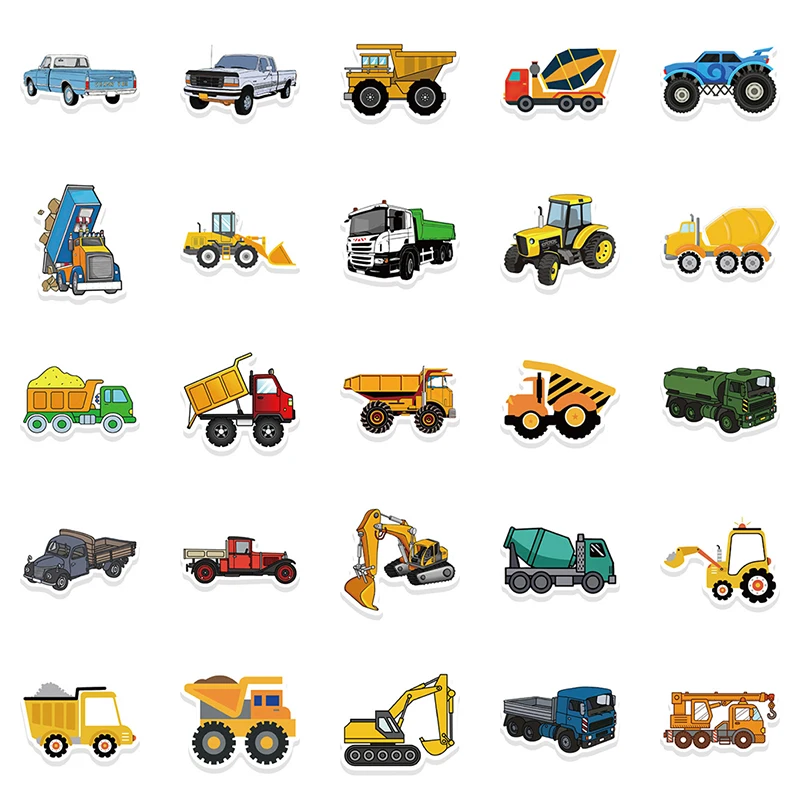 

50 PCS Engineering Vehicle Car Sticker Cute Bus Truck Motorcycle Stickers for Kids Toy Travel Trolley Suitcase Laptop Skateboard