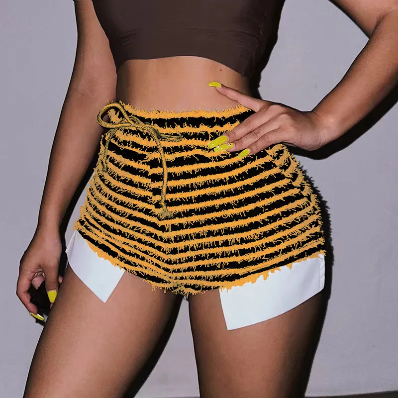 Women Summer Shorts Drawtring Elastic High Waist Striped Short Pants Ladies Stretch Shorts