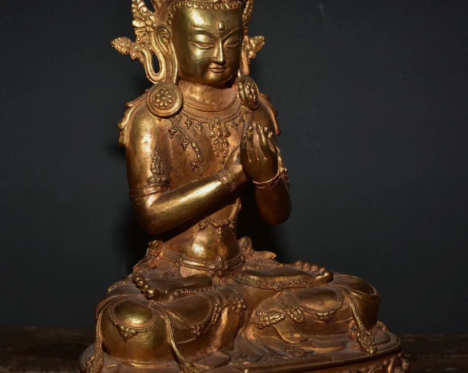 12 8-дюймовая старая тибетская бронза позолоченная статуя Амитаюса долголетия