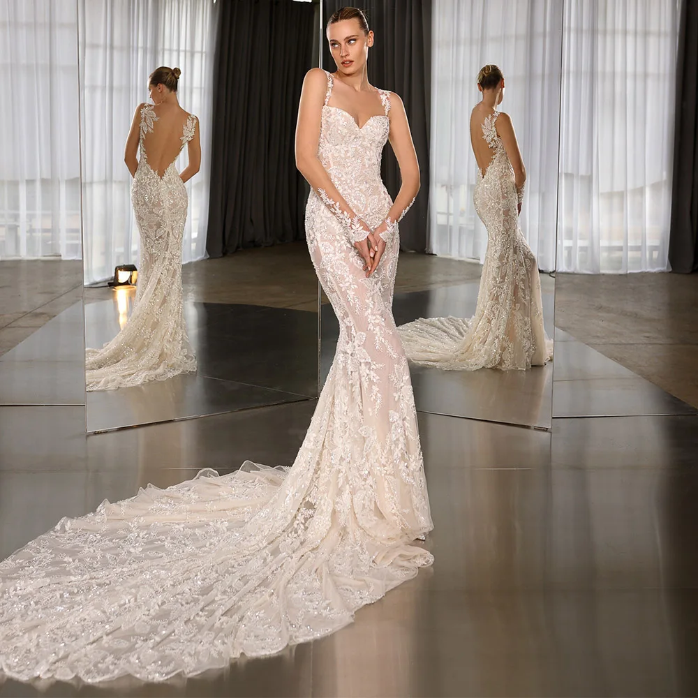 

Long Sleeves Wedding Dress For Bride 2022 Sweetheart Backless Boho Bridal Gown Lace Appliques Sexy Vestido De Noiva Custom Made